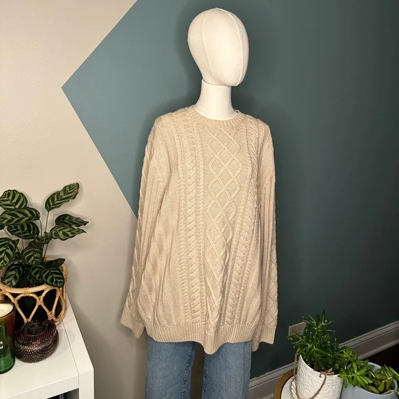 Tasso Elba Men Beige Cable Knit Sweater 100% Cotton Vintage-Inspired Pullover L - Picture 2 of 12